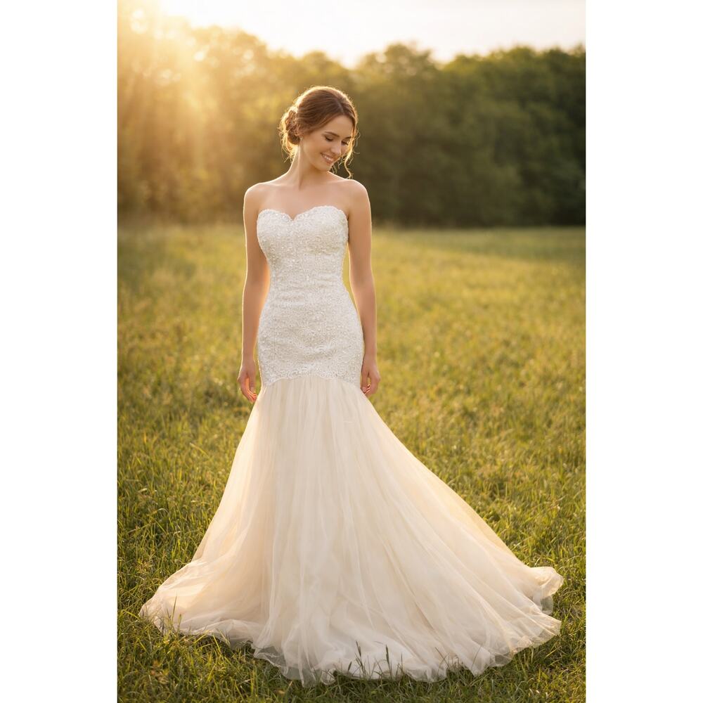 Stella York Wedding Dress US 6 Cream Gown Sweetheart Neck Strapless Lace Flare